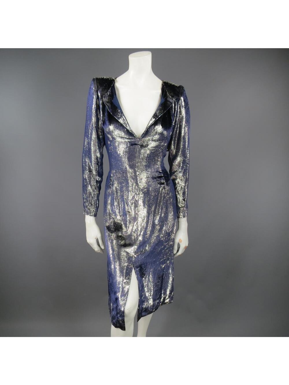 JEAN-LOUIS SCHERRER 2 Silver & Navy Metallic Velvet Long Sleeve Sheath Dress